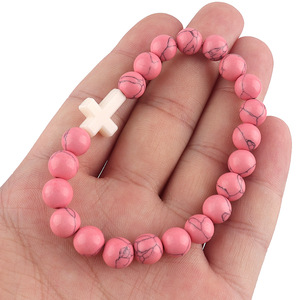 Venta al por mayor de joyería hecha a mano turquesa ágata Cruz encanto pulsera elástica 8mm piedras preciosas curativas pulseras de cuentas de piedra Natural - Product Image 5