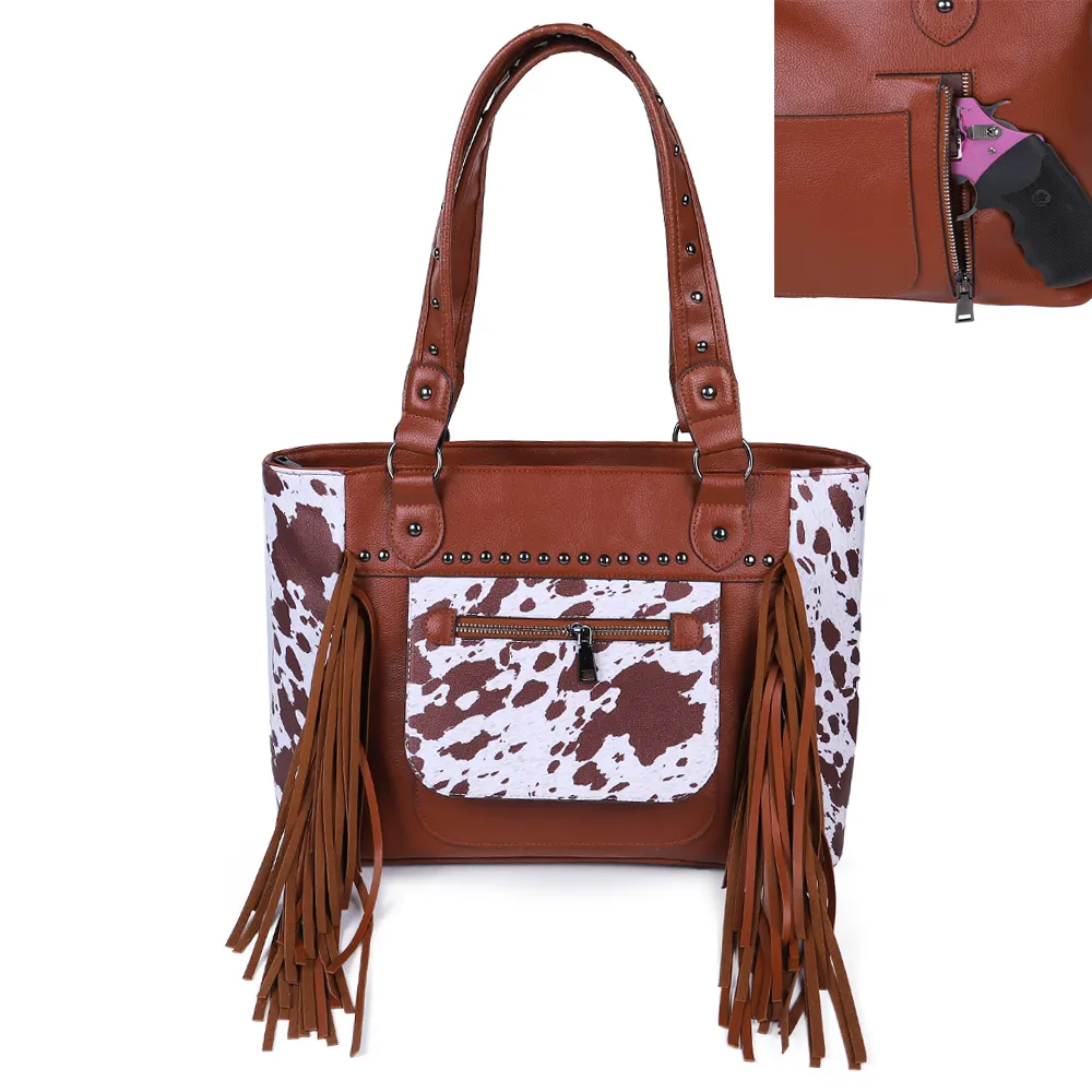 Wholesale Brown Cow Vegan Leather Collection Women Concealed Handgun Tote Bag with Tassel Lady Carry Fringe Purse for Girls