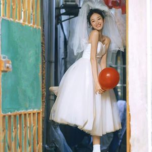 Vestido de Novia Ligero con Tirantes, Estilo Retro Francés, para Boda, Compromiso, Uso Diario, Talla Pequeña, Licencia de Matrimonio, Blanco Elegante - Product Image 1