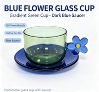 Set Cangkir Kaca Hijau Gradasi WUSO 200ml dan Piring Biru dengan Gagang Bunga 3D, Mug Tahan Panas untuk Teh Kopi