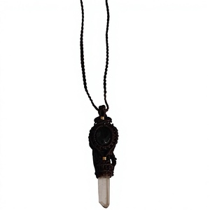 Handmade Gold Plated Brass Black Macrame Quartz Pendant Boho Necklace with Dark Stone Bezel Setting Adjustable for Everyday Wear - Product Image 1