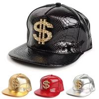 Gorra de béisbol de lujo con visera plana de piel sintética de serpiente, con diamantes de imitación y diseño de dólar, estilo hip hop y streetwear.