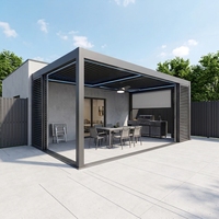 Pergola bioclimatique grise intelligente à toit rigide en aluminium avec stores zip et éclairage LED pour grands espaces de jardin