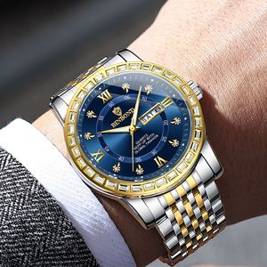 Binbond Men's Quartz Watch Blue Dial Diamond Bezel Stainless Steel Band Date Week Display Waterproof 30M Analog Wristwatch - Product Image 2