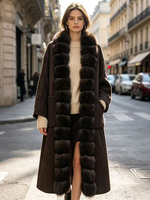 Janveny 2026 Manteau long en laine mélangée de luxe pour femme avec col en vraie fourrure de renard, chaud et ample, en cachemire et fourrure