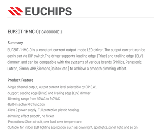 ไดรเวอร์ LED แบบหรี่แสงได้ Euchips EUP20T-1HMC-0 20W 350-700mA แบบ DIP Switch TRIAC ELV กระแสคงที่ 9-42V Output PF0.95 - Product Image 3