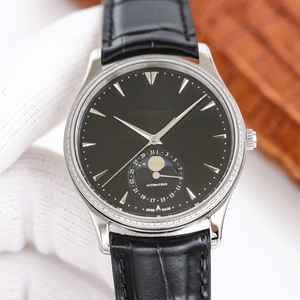 Mechanical Watch with Moon Phase Date Function Diamond Bezel Leather Strap Stainless Steel Case for Business Casual Wear - Product Image 1
