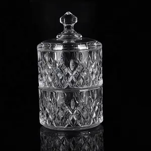 Stock Clear Engraved Glass Candy Jar 3 Layers Stackable Decorative Glass Food Container With Lid Glass Sugar Bowl For Cork Nut