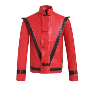 Chaqueta de cosplay de MICHAEL JACKSON para hombre, color rojo y blanco, de cuero genuino, para espectáculo de escenario, club de baile, MJ