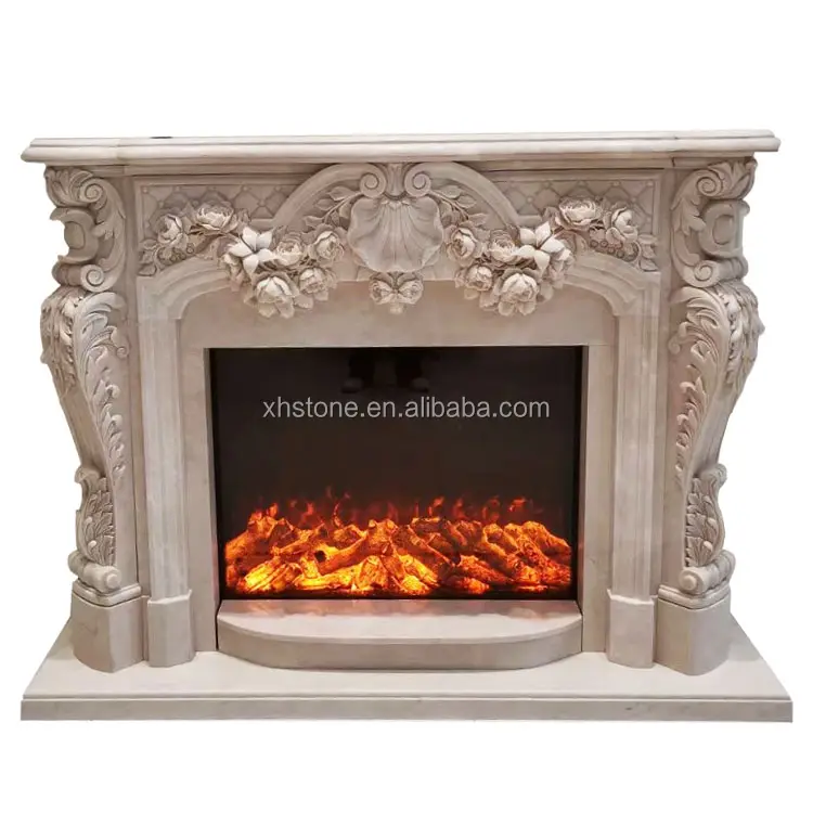 Medallón eléctrico de piedra de roca de esquina de mármol blanco Beige para el hogar, estatua Surround decorativa pulida para chimenea