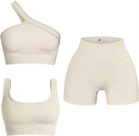 Ensemble de yoga 3 pièces côtelé sans couture en Spandex/Nylon, couleur unie, sexy, dos nu, bretelles non ajustables, style européen et américain
