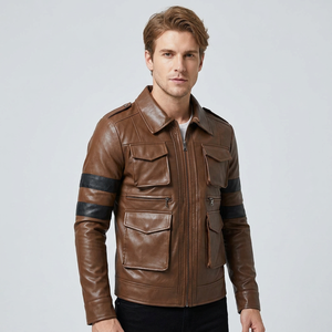 <b>Mens</b> Brown Leather <b>Jacket</b> Multi Pocket Vintage Motorcycle <b>Biker</b> Outerwear Winter Coat Leather <b>Jacket</b> for <b>Men</b> - Product Image 2