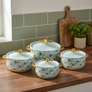 Anax Durable Portable Reusable Floral Enamel Stainless Steel Hot <b>Pot</b> <b>Set</b> Insulated Non Stick Casserole Cookware Lid Gold Handle - Product Image 3