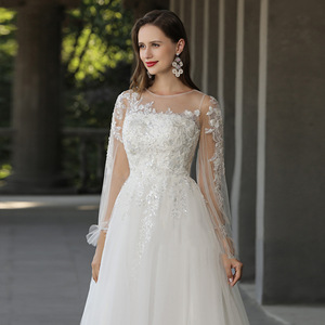 Wedding Dress A-Line O-Neck Long Sleeve Floor Length With Train Simple White Princess Style Mesh Natural Waistline - Product Image 1