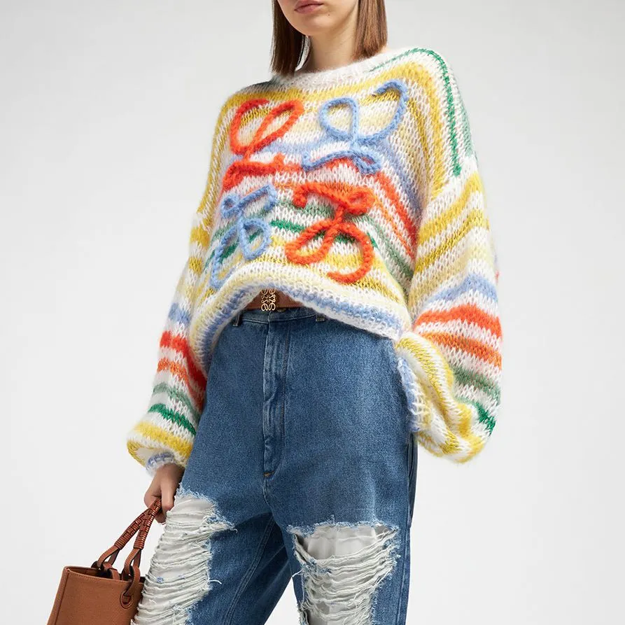 Custom women lantern sleeve color blocking rainbow striped hollow out crochet Knit Logo mohair sweater