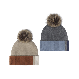 Chapeau Colorblock tricoté <span class=keywords><strong>avec</strong></span> <span class=keywords><strong>pompon</strong></span> <span class=keywords><strong>Bonnet</strong></span> tricoté chaud bicolore à la mode Usine Personnalisé Crâne Tricoté Bobble Chapeau - Product Image 1