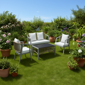 Set da Giardino Contemporaneo per Esterni, 4 Posti, Telaio in Alluminio, Rattan PE Resistente alle Intemperie, Set Divano, Sedie e Tavolo - Product Image 2