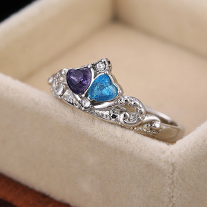 Anello a Forma di Cuore con Corona per Donne, Pietra Blu e Viola, Accessorio di Gioielleria Elegante e Minimalista, Stile Estivo - Product Image 3