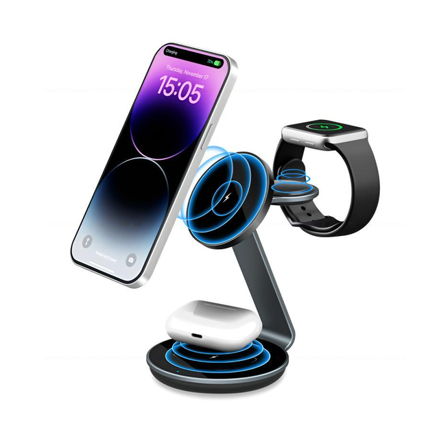 Desktop Aluminium 15W Fast Charging Wireless Charger,3 in 1 Magnetic Wireless Charging Station for Iphone,iWatch and Earphone