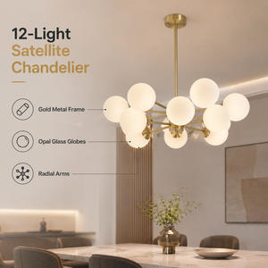Modern Iron Chandelier 12 <b>Light</b> Gold Finish Glass Globe Satellite Design <b>Dining</b> Room Living Room Indoor 90cm Warm G9 - Product Image 2