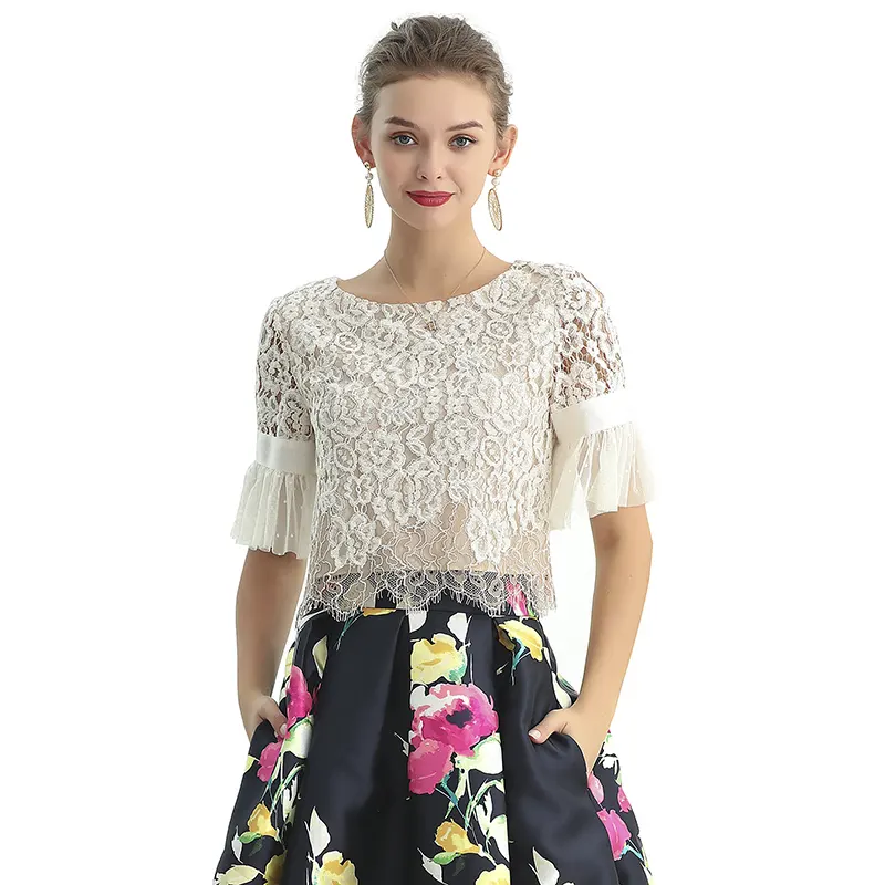 NT122-2 women tops and blouse ladies Fall High Quality Fashion Elegant Lace Blouses ruffle women's blouses