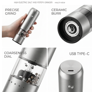 Set di Macinini Elettrici Minimalisti per Sale e <span class=keywords><strong>Pepe</strong></span>, Portatili, in Acciaio Inox di Grado Alimentare, con Elegante Supporto in Legno - Product Image 4