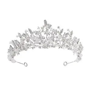 免费定制银水晶合金锆石水钻新娘结婚头饰珍珠皇冠