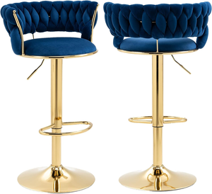 Modern Black Velvet Woven Bar <b>Stool</b>, Adjustable Swivel High Chair with Gold Base & Footrest for Kitchen - Product Image 2