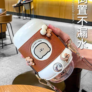 Mini taza de paja portátil, botellas de agua potable dobles, plástico ecológico, reutilizable, diseño de oso de dibujos animados, regalo para estudiantes - Product Image 5
