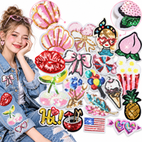 Patch brodé à paillettes en gros, brillant et étincelant, motifs mignons (aliments, fruits, pop-corn, cerises, ananas), thermocollant et à coudre