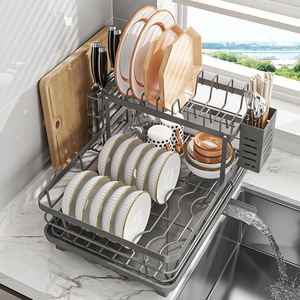 Escurridor de Platos de Doble Capa de Acero Inoxidable con Soporte para Utensilios y Tabla de Cortar para Encimera de Cocina - Product Image 4
