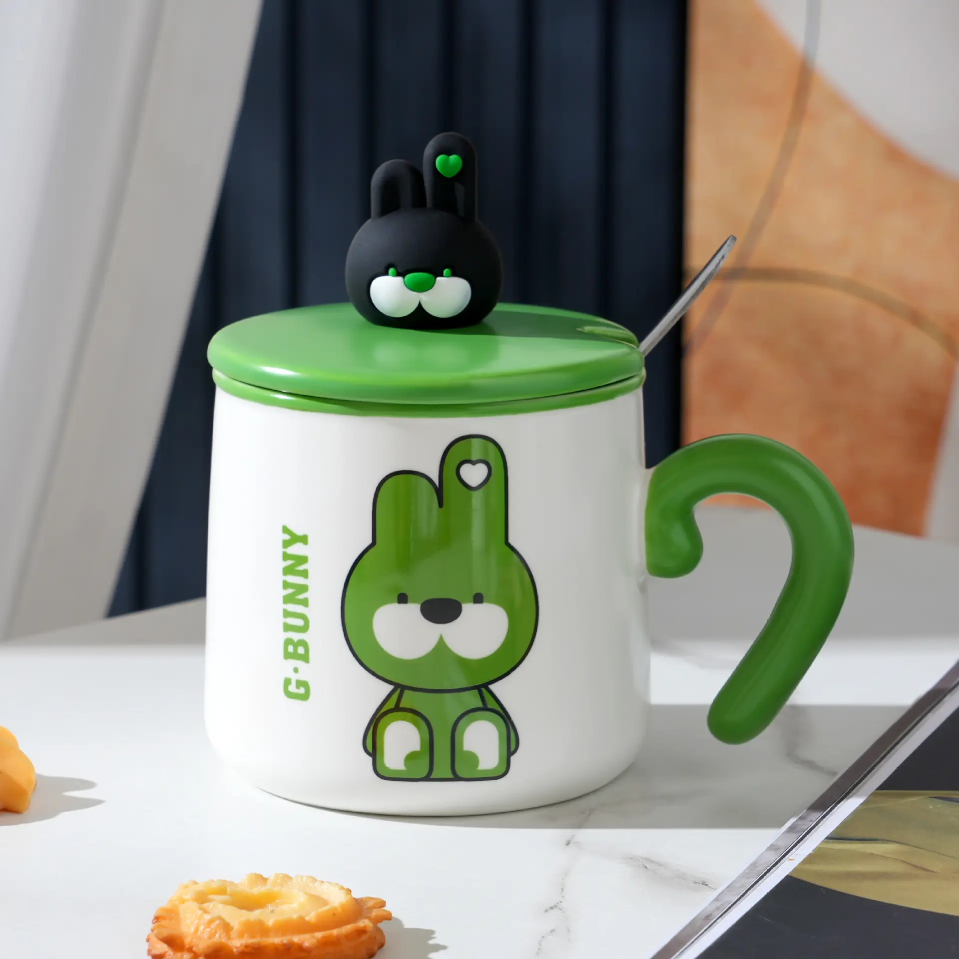 뚜껑이있는 마른 녹색 토끼 세라믹 컵 귀여운 머그 홈 아침 식사 우유 컵