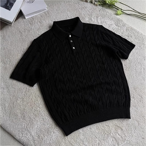 Suéter de Punto Trenzado de Manga Corta con Cuello Polo, Color Sólido Gris, Negro, Caqui, Tops de Punto para Mujer, Estilo Primavera-Verano para Adolescentes - Product Image 3