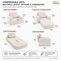 Canapé-lit pliant convertible avec matelas et coussin de soutien dorsal, fauteuil inclinable confortable en tissu éponge capitonné pour appartement