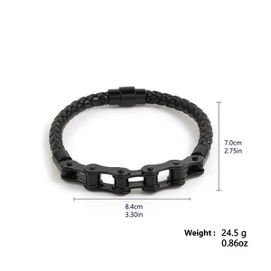Pulsera de cuero con cadena de bicicleta de acero inoxidable, diseño geométrico en blanco y negro para motocicleta, joyería de moda - Product Image 3