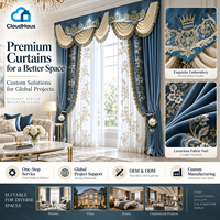 Ensemble de rideaux de luxe OEM ODM bleu poudré avec broderie dorée, cantonnière en tissu superposé et pompons pour projets d'aménagement intérieur de villas et d'hôtels