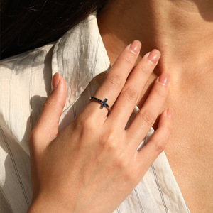 S925 <b>Silver</b> <b>Cross</b> Shape <b>Ring</b> With Pave Set Sapphire Stones Religious Jewelry Unisex Everyday Wear - Product Image 3
