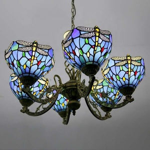 LongHuiJing Tiffany <b>Chandelier</b> <b>Lights</b> Blue Dragonfly Baroque Victorian Style Stained Glass Lamp for Dining Room Home Decor - Product Image 3