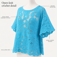 Haut en crochet personnalisé OEM ODM pour femme, chemisier en dentelle à manches courtes, poncho en maille ouverte, col rond, ourlet festonné, chemise décontractée d'été