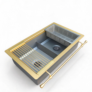 <span class=keywords><strong>Lavello</strong></span> da Lavoro a Doppia Vasca in Acciaio Inossidabile Calibro 14, Design Italiano Fatto a Mano, con Bordo in Ottone Calibro 12 e Frontale a Grembiule a Basso Profilo - Product Image 2