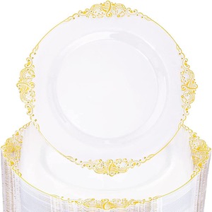 Ensemble d'assiettes et couverts en plastique jetables personnalisés avec bordure dorée Vaisselle de fête et de repas écologique pour événements de mariage - Product Image 1
