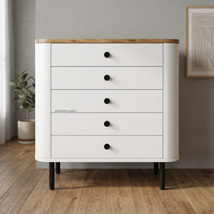 Cómoda de 5 cajones de madera maciza de mango con acabado natural, tapa de madera con acabado blanco y patas de metal |   Muebles de Dormitorio Modernos - Product Image 3