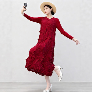 Elegant Solid Color High-End Pleated Women's Midi <b>Dress</b> Washable Loose Fit A-Line Silhouette Credible Supplier Available Online - Product Image 4