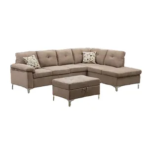织物皮革组合沙发沙发家具米色灰色带躺椅3件组合客厅