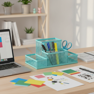 Organizer da Scrivania in Rete Metallica e Plastica Resistente <span class=keywords><strong>Verde</strong></span> Lago con 4 Scomparti Porta Penne e Matite per Scuola e Ufficio - Product Image 6