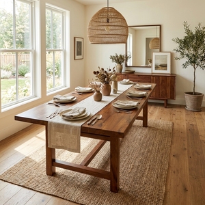 Mesa de comedor rectangular de estilo rústico hecha de dos tablones de madera maciza, que combinan una construcción robusta y la textura natural del madera. - Product Image 4