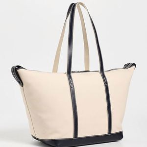 กระเป๋าโท้ทผ้าแคนวาสแต่งหนังสำหรับผู้หญิง ปักโลโก้ตามสั่ง ขนาดใหญ่ ทนทาน สายสะพายไหล่ผ้าฝ้าย ปิดซิป เหมาะสำหรับฤดูใบไม้ร่วงและฤดูหนาว - Product Image 4