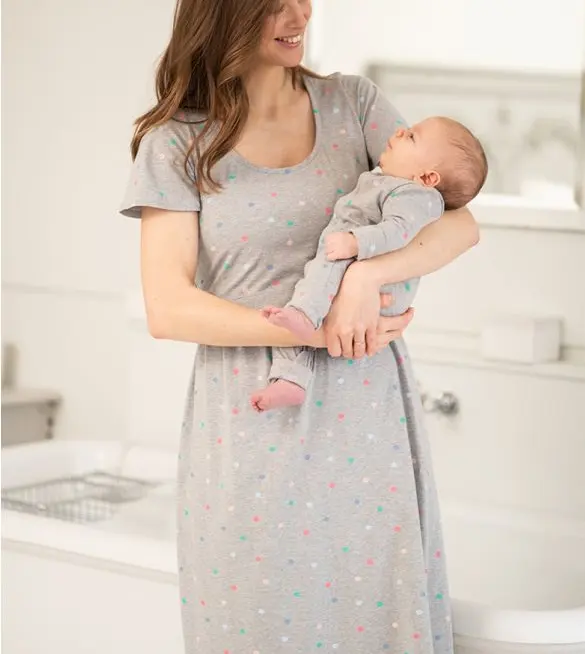Wholesale Spot Print Mama and Mini Maternity to Nursing Nightdress Set Grey ladies night dress sleepwear lounge wear