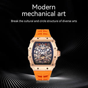 Nuovo Orologio Meccanico Scheletrato in Acciaio Inossidabile Placcato Oro Rosa 3ATM con Cinturino Arancione e Vetro Zaffiro - Product Image 2