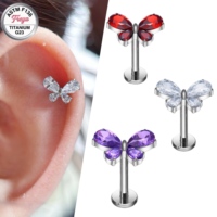 Piercings Labret à dos plat Freya, anneaux de lèvre en titane ASTM F136, clous de lèvre en zircon papillon cœur aile, clous d'oreille hélix, bijoux de corps